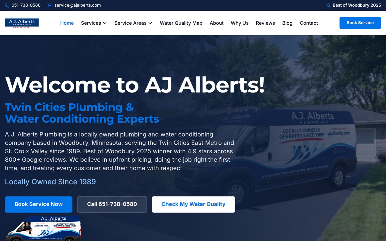 Website for A.J. Alberts Plumbing, Plumbing and water conditioning experts serving the Twin Cities East Metro since 1989.