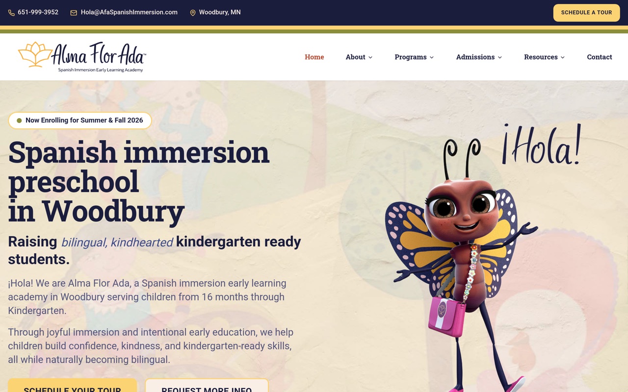 Website for Alma Flor Ada Spanish Immersion Early Learning Academy, Spanish immersion early childhood education with a warm, family-focused brand.