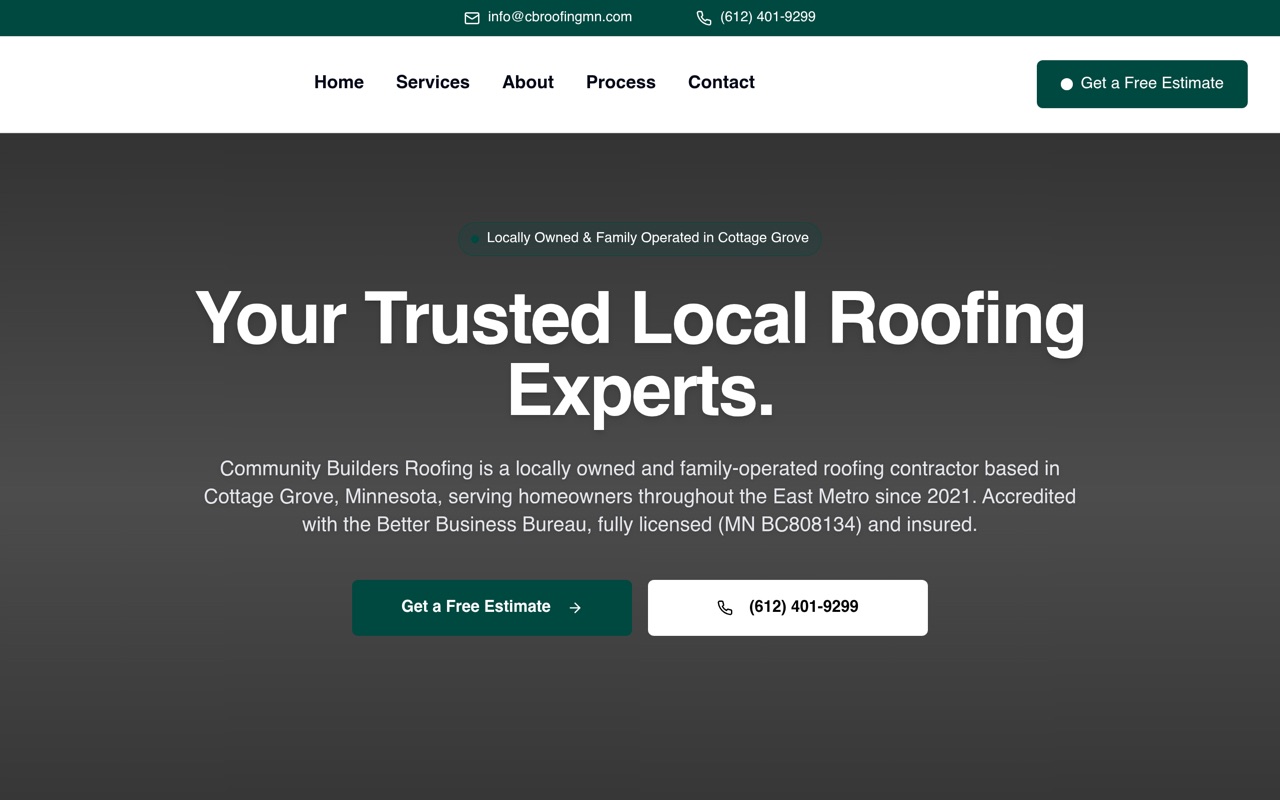Website for Community Builders Roofing, Locally owned residential roofing, repairs, and storm damage restoration across the East Metro.
