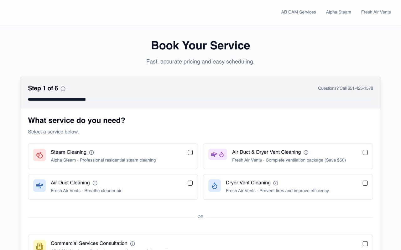 AB CAM Services Online Booking Tool, A six-step booking flow that lets customers select services and schedule across multiple service brands in one place.