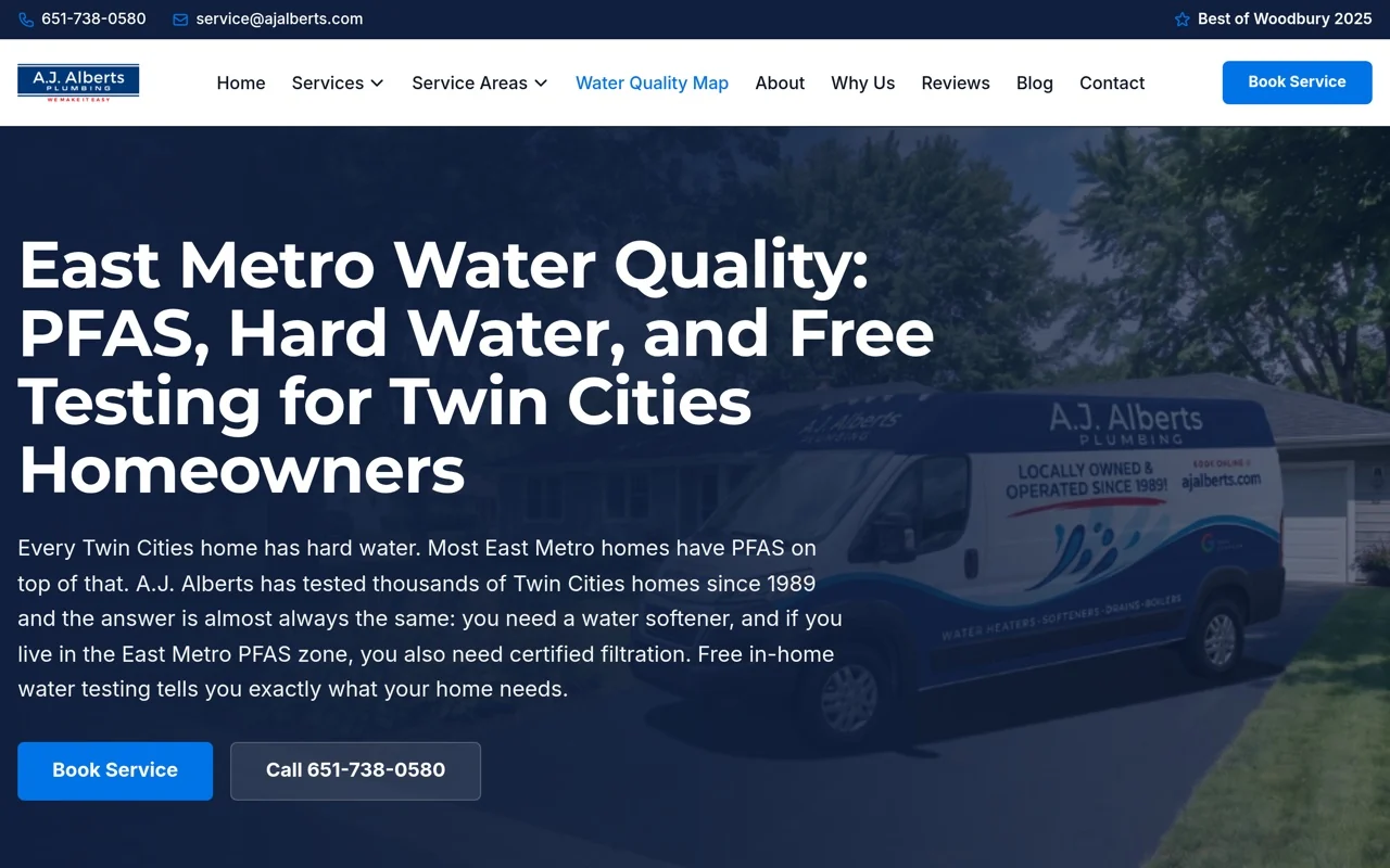 A.J. Alberts Interactive Water Quality Map: A location-aware tool that shows East Metro homeowners their local water quality and routes them to the right service.